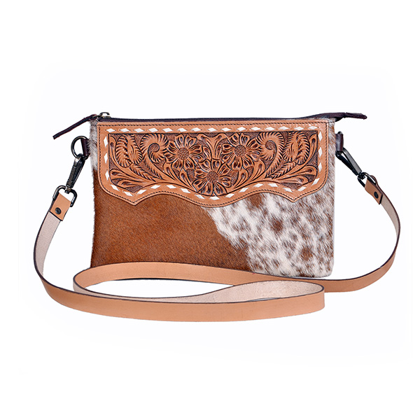 Rafter T Crossbody Purse with Brown Hair on Hide and a Tooled Flap